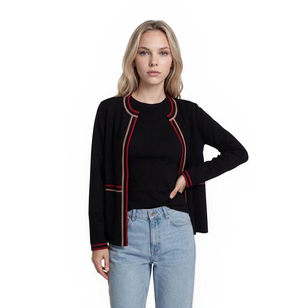 Misook Womens Size Medium Petite MP Black Red Knit Cardigan Jacket Top Twin‎ Set